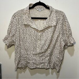 American Eagle Brown & Cream Floral Button Up Ruched Short Sleeve Top Size XXL